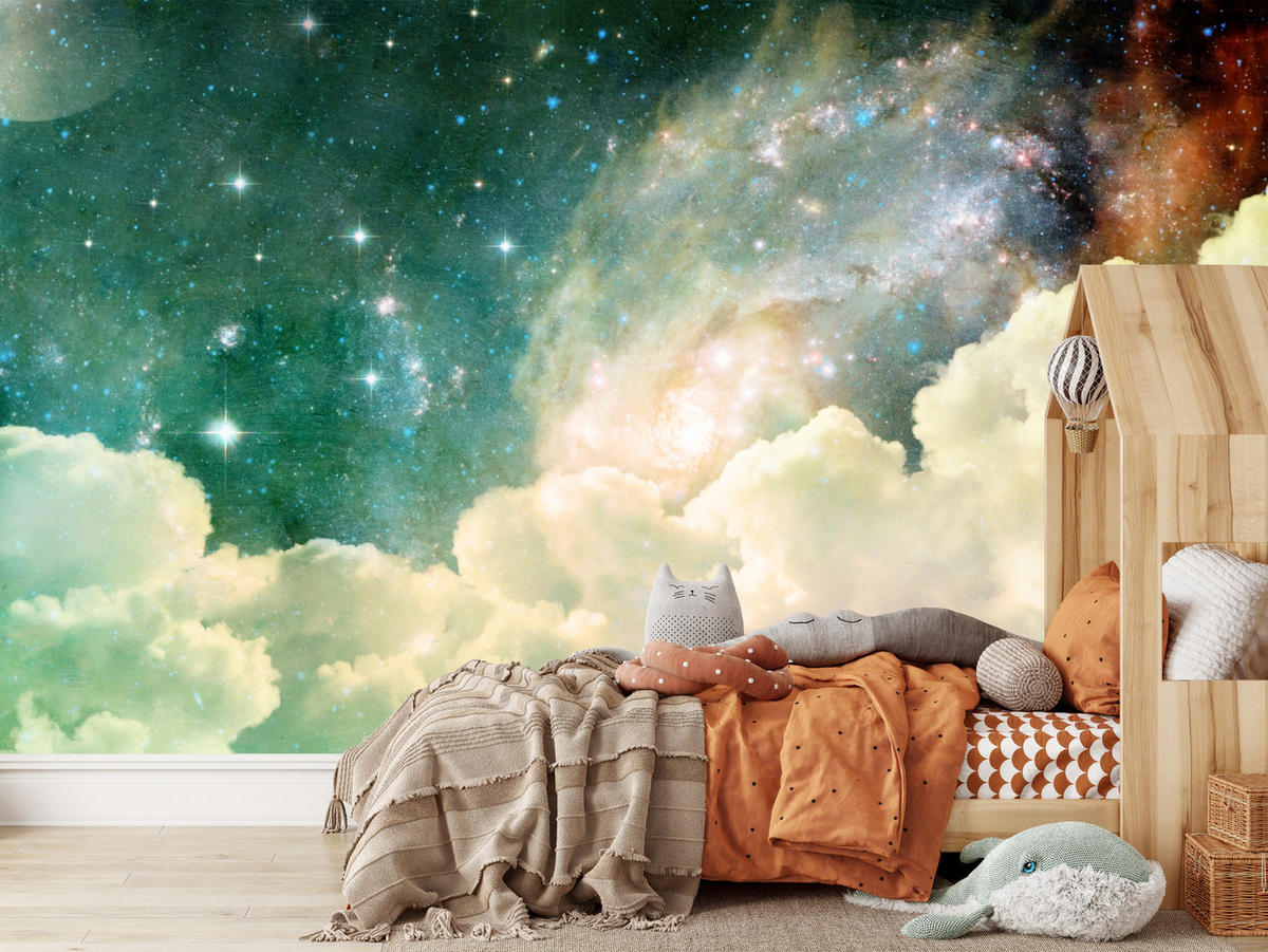 FOTOTAPETE für Kinderzimmer Kosmische Nebelwolken Sterne Galaxie Mystisch 350x256 - Türkis/Pastellgrün, Papier (350/256cm) - Muralo