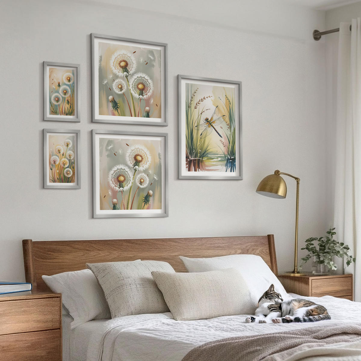WANDBILDER 5er Set - 50x50 cm & 20x30 cm & 40x60 cm Silberner Rahmen - Pastellfarbene Löwenzahnblüten - Silberfarben, Kunststoff (40/60cm) - ArtPrintCave
