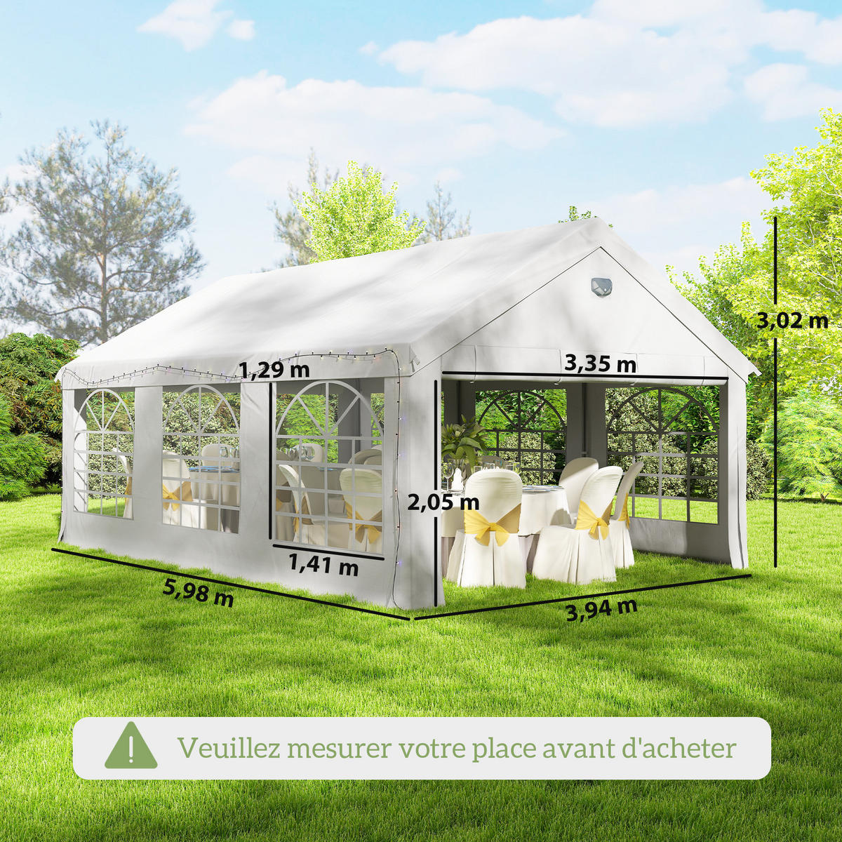 PAVILION DE-12728 400/600 cm UPF30+ mit LED-Lichterkette Weiß - Weiß, Metall (394/302/598cm) - ComfortXL