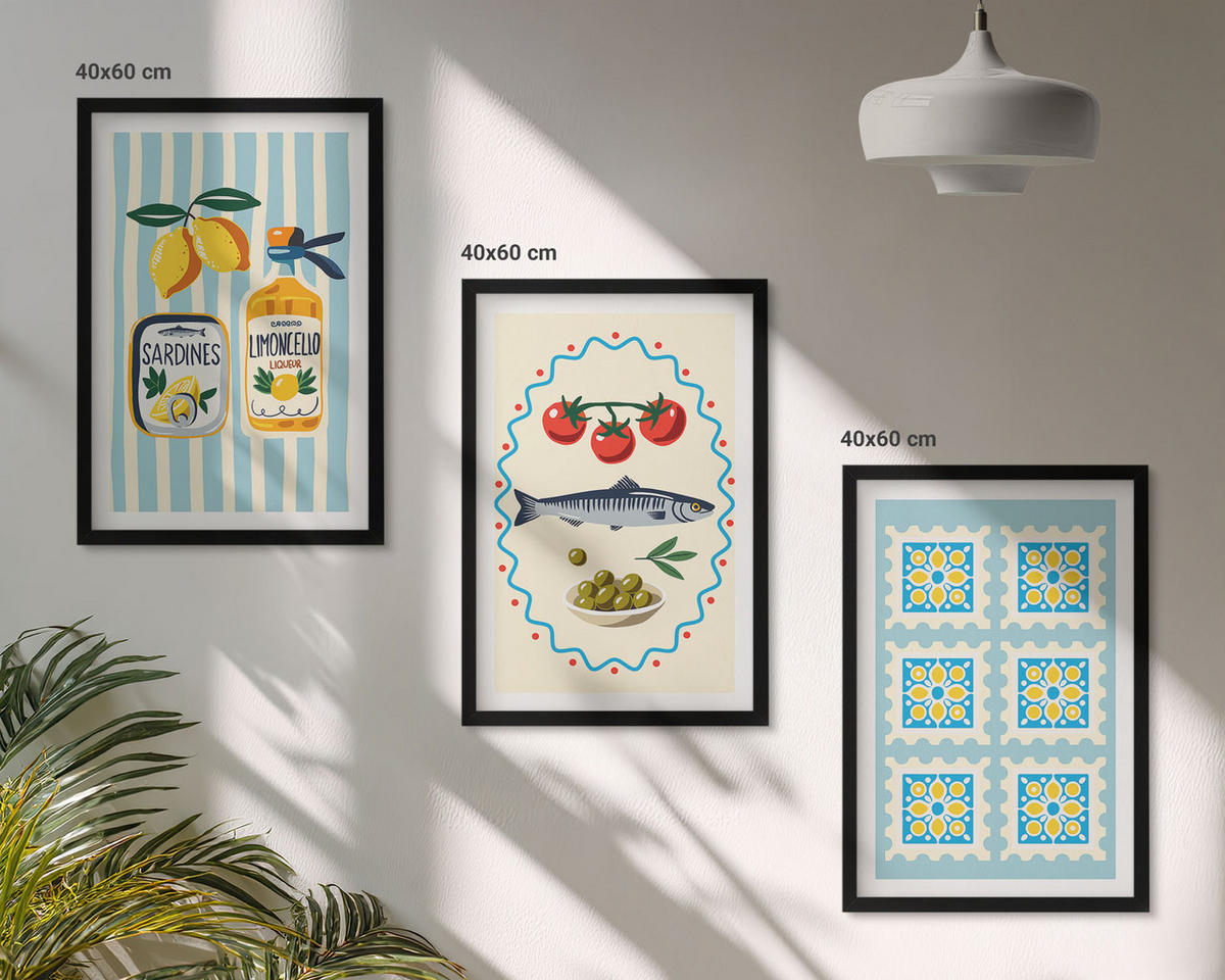 BILDER SET 3er Set - 40x60 cm Schwarzer Rahmen - Illustrationen von Küchen im mediterranen Stil - Schwarz, Kunststoff (40/60cm) - TULUP