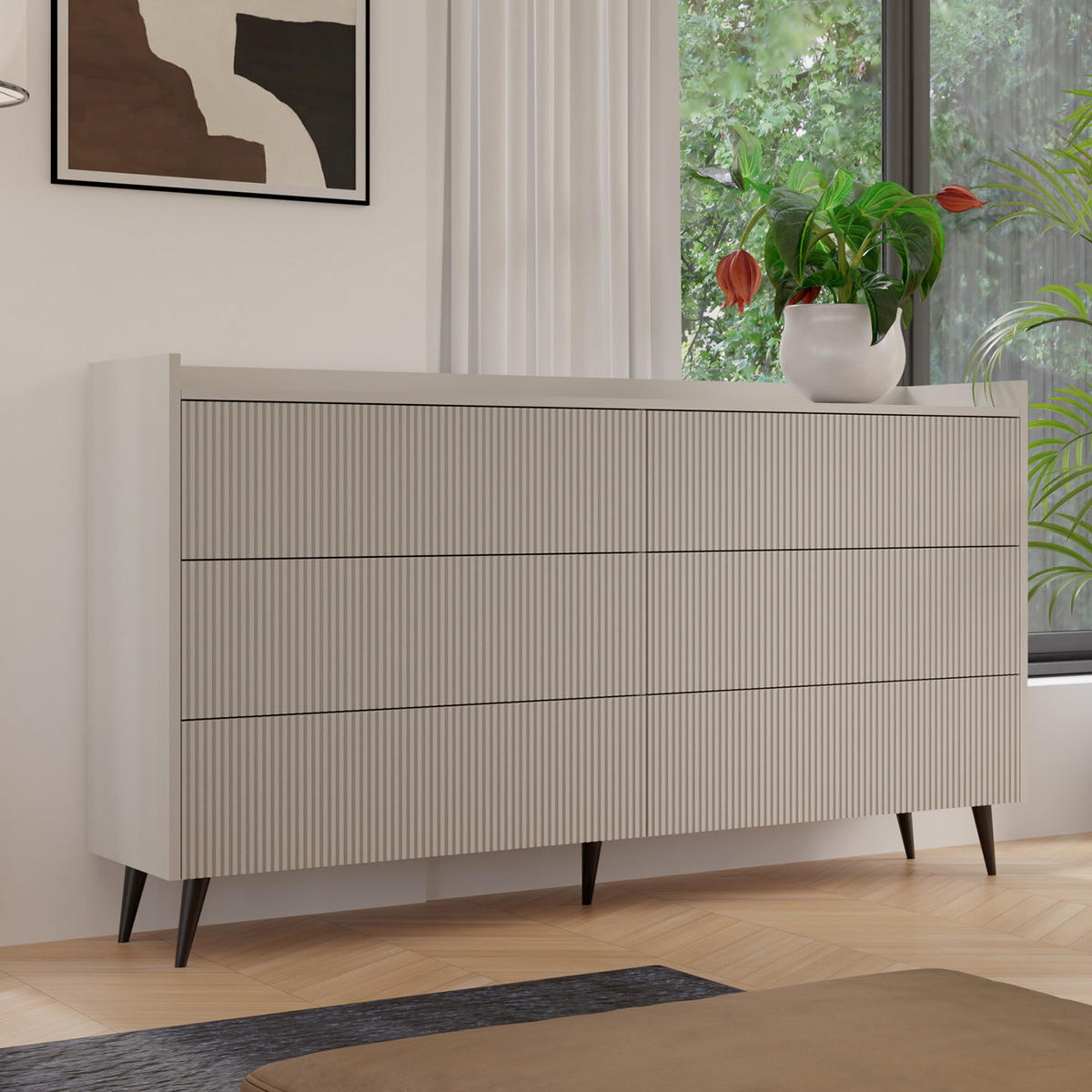 KOMODA Amfali se 6 zásuvkami, drážkovaná čela, systém Push-to-open, kovové nohy, 150 cm, kašmír - černá/kašmírová, kov/kompozitní dřevo (150/92/41cm) - Beautysofa