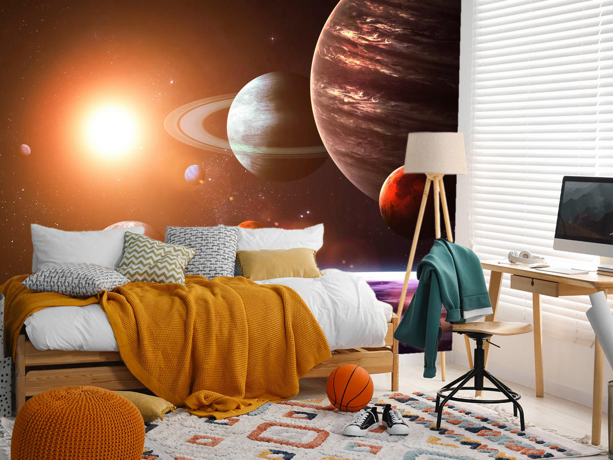 FOTOTAPETE für Büro Sonnensystem Planeten Blick Sterne 350x256 - Gelb/Violett, Papier (350/256cm) - Muralo