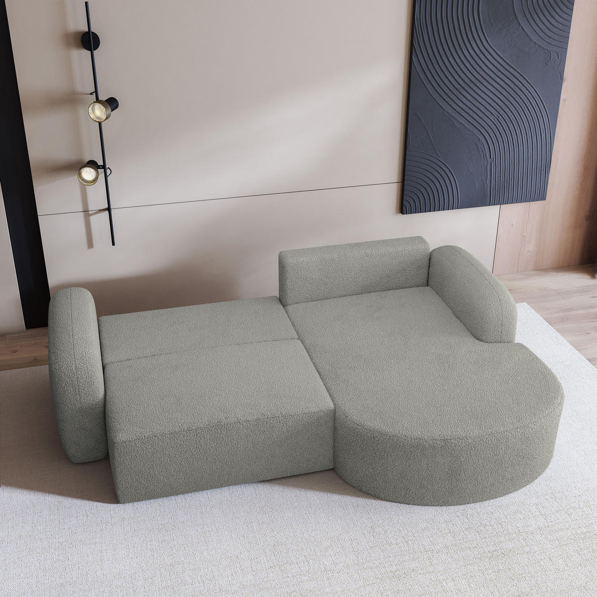 ECKSOFA AMILIA R-S Hellgrau Boucle-Stoff mit Schlaffunktion - Hellgrau, Holz (263/174cm) - MASSENO