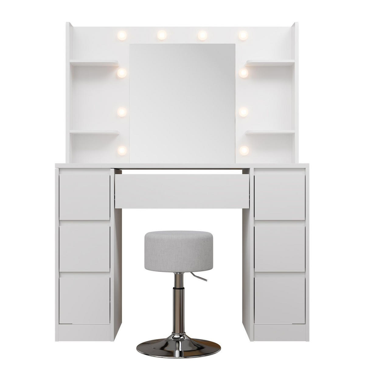 SCHMINKTISCH Malia mit LED und Hocker Tonia - Weiß, Holz (107/140/40cm) - Juskys