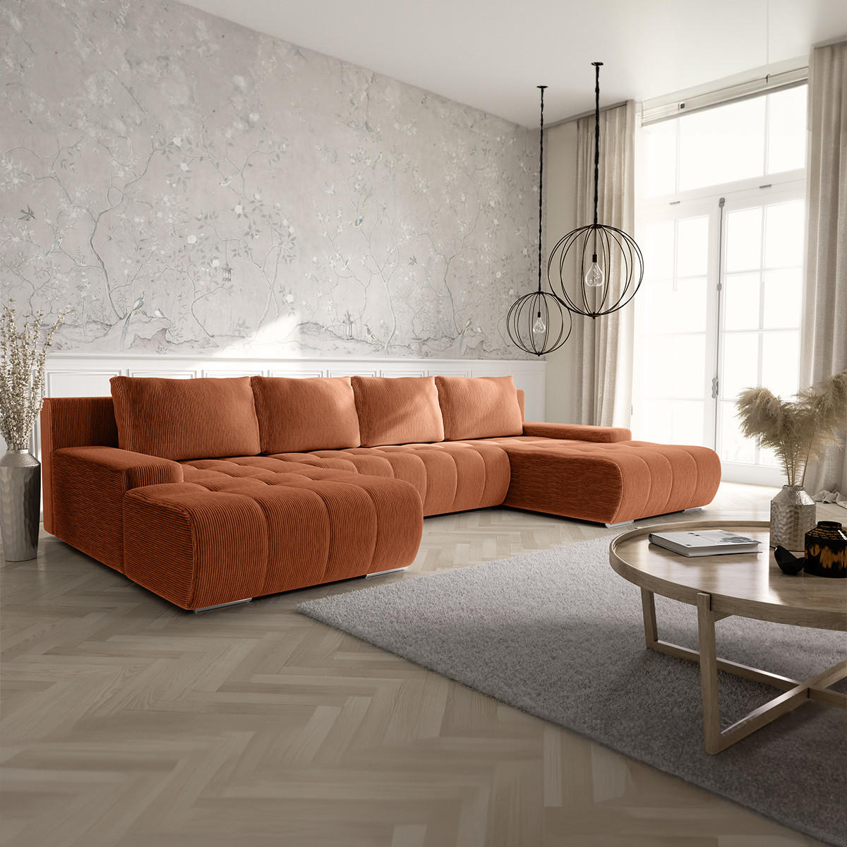 PANORAMASOFA Jonas 5 Sitzplätze Ziegelorange - Orange, Holz (350/85/185cm) - Petits-meubles