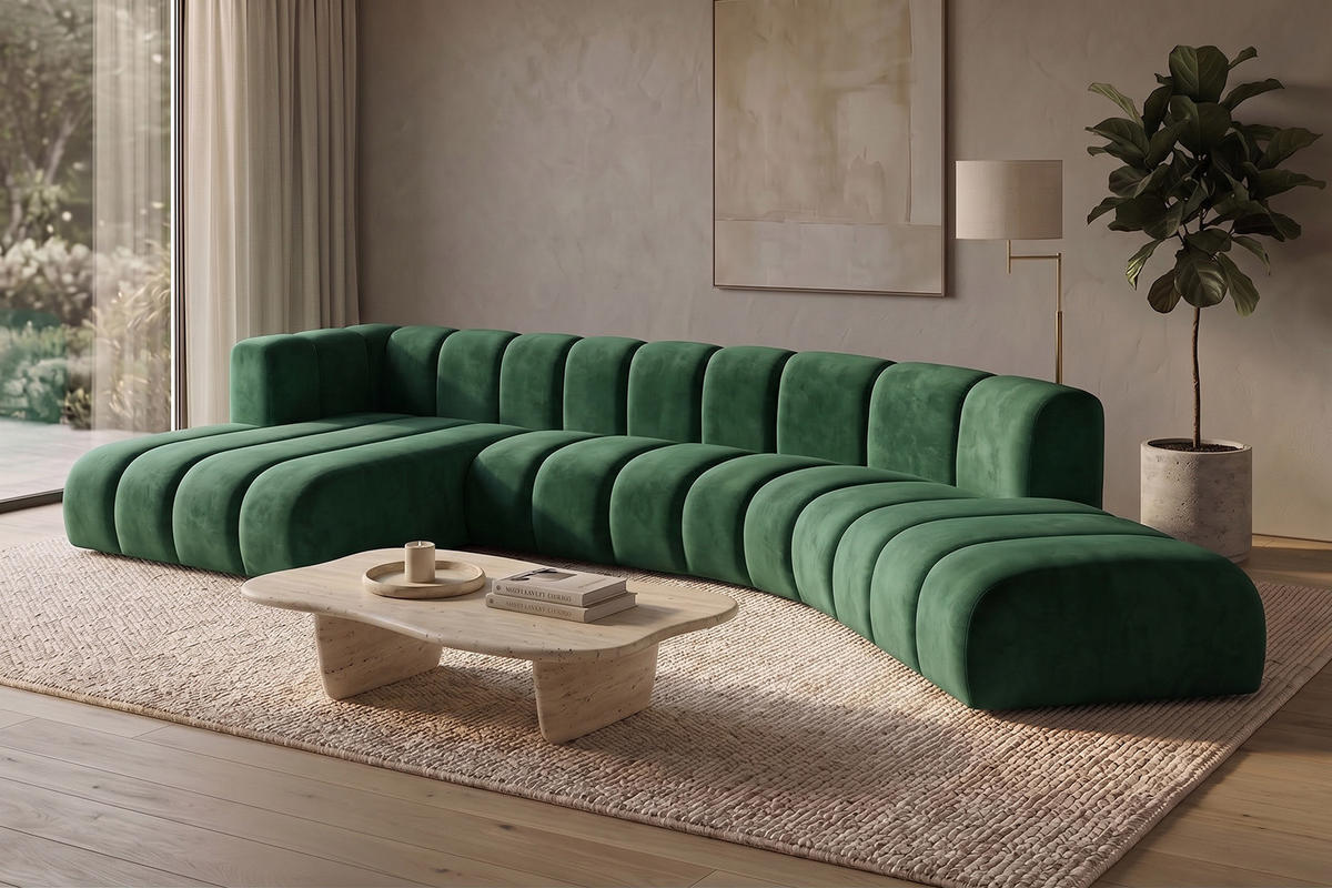 ECKSOFA Modulares In L-Form, Velvet-Stoff Riviera, Grün, Links, GRAND Round - Grün, Holz (445/179cm) - Kaiser Möbel