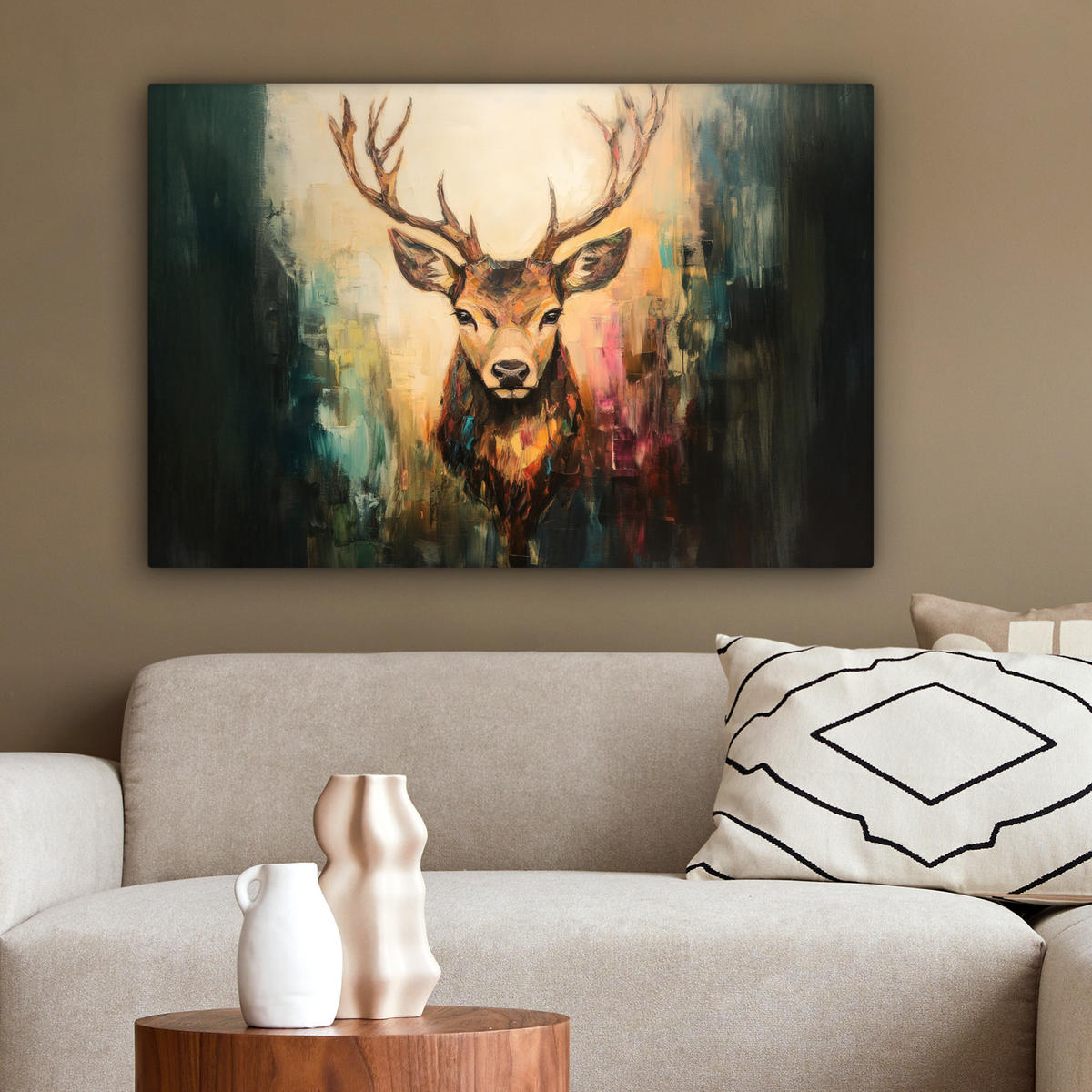 LEINWANDBILD Hirsch - Gemalt - Geweih - Braun Gemälde 60x40 cm - Haselnussfarben, Textil (60/40cm) - MuchoWow