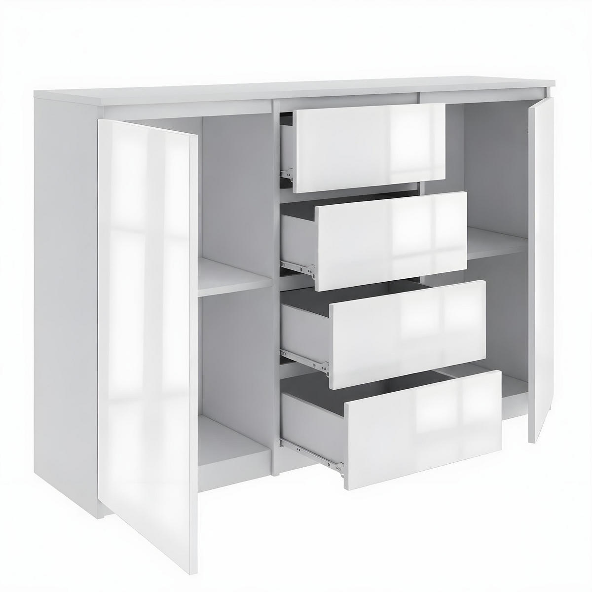 KOMMODE Weiß Hochglanz 120 cm – Sideboard mit 2 Türen und 4 Schubladen - Weiß Hochglanz, Holzwerkstoff (120/99/35cm) - EMIX24
