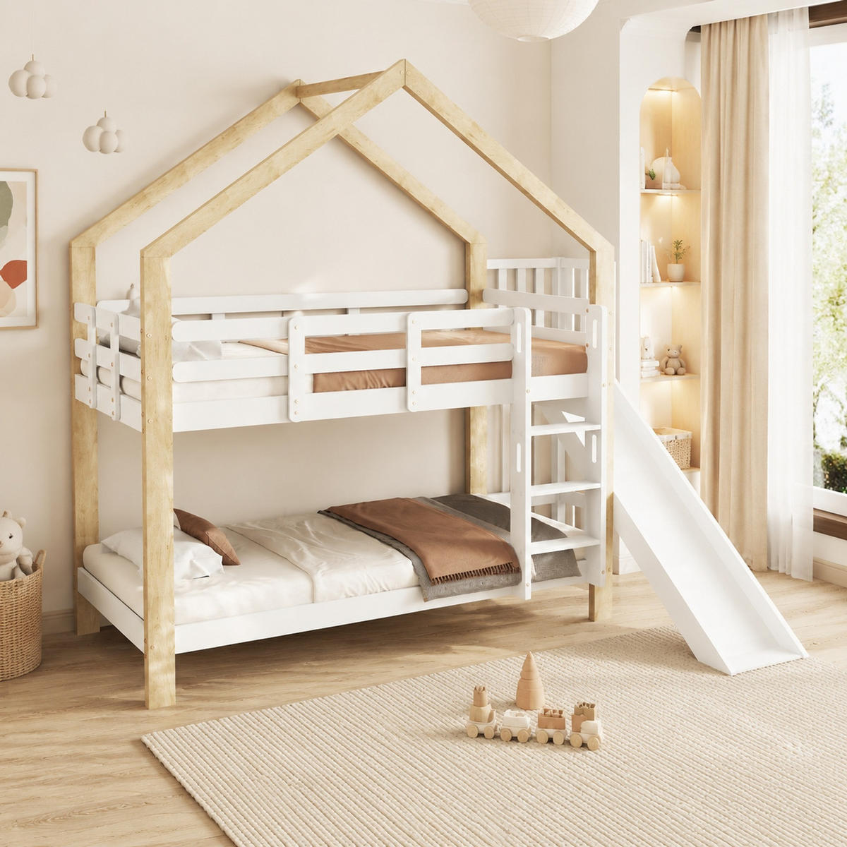 ETAGENBETT 90/200 mit Rutsche, Winkelaufstiegsleiter und Absturzsicherung in Weiß und Natur - Weiß, Holz (90/200cm) - EVRYAE