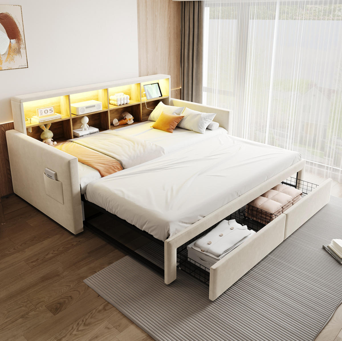 POLSTERBETT 90/180×190 cm aus Samt in Beige mit LED-Beleuchtung und Stauraum - Beige, Textil (90/190cm) - Flora Grace