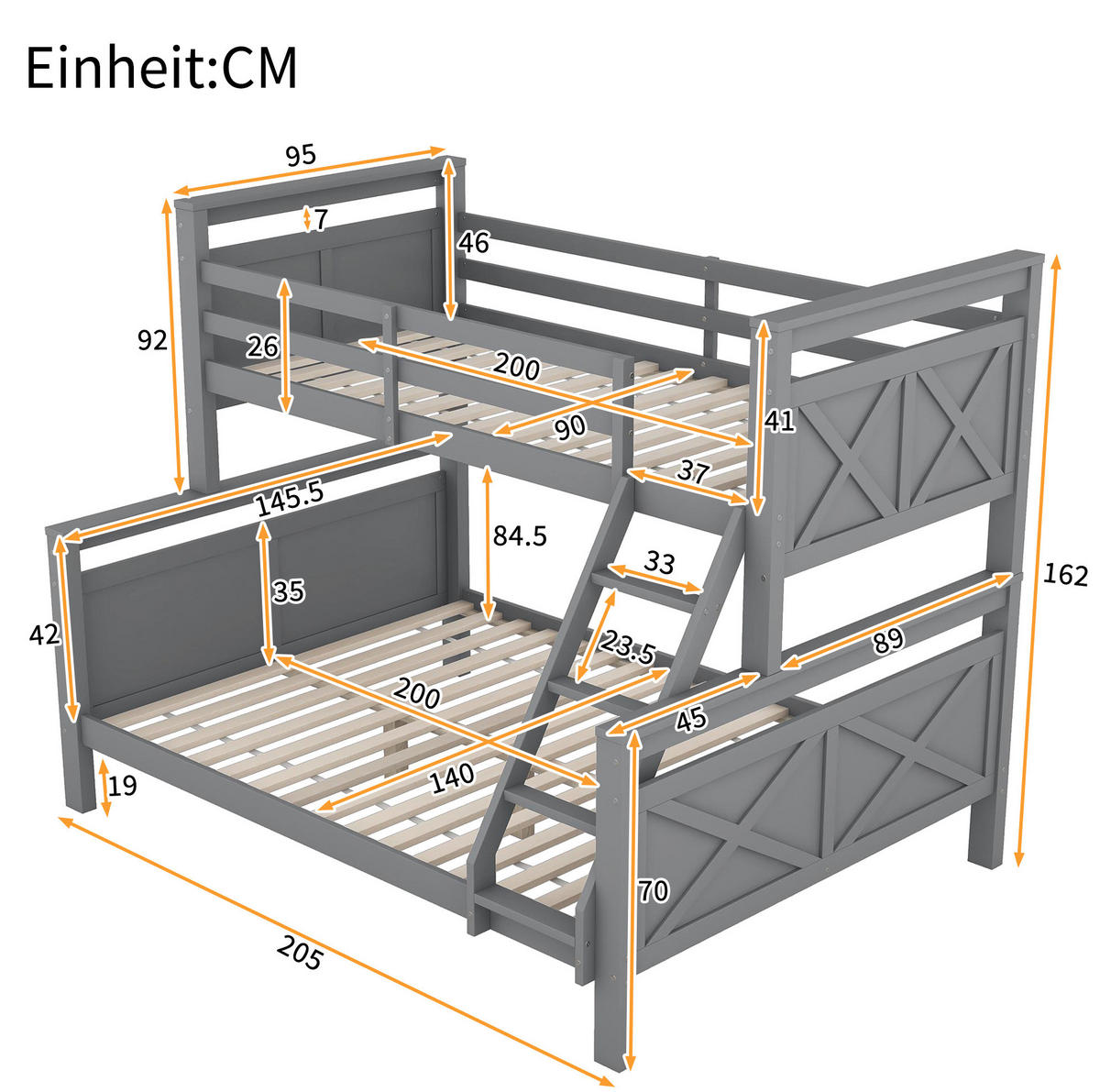 ETAGENBETT mit Leiter und Sicherheitsgeländer, umbaubar, grau, 90/140 cm - Grau, Holz (140/200cm) - MIVRAY