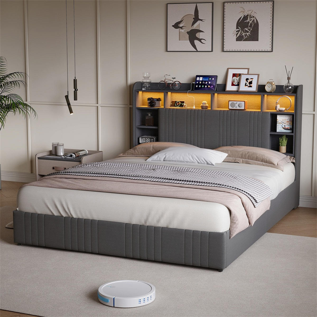 POLSTERBETT 160x200 cm mit 4 Schubladen - LED-Beleuchtung - Gepolstertes Kopfteil mit Stauraum - Grau - Grau, Textil (160/200cm) - DELFA