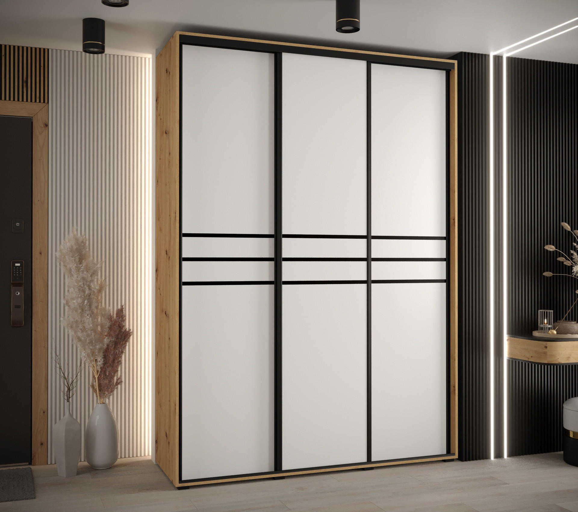 SCHWEBETÜRENSCHRANK 235,2/180/45 3-türig - Schwarz/Weiß, Holz/Metall (180/235/45cm) - Abiks Möbel