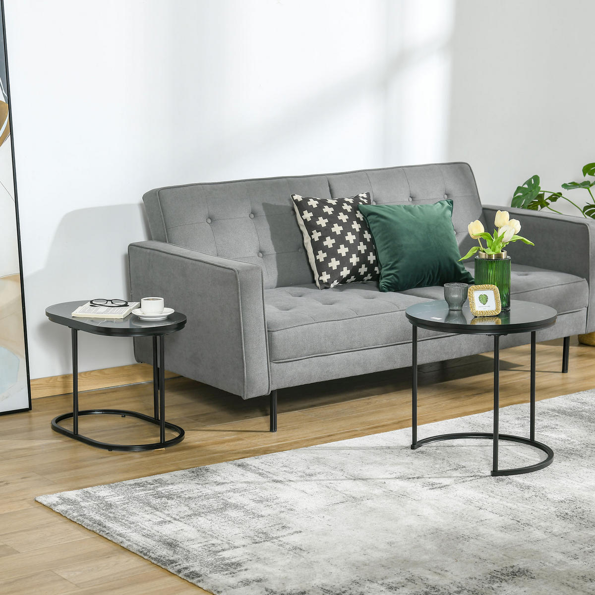 2ER Set Couchtisch Satztisch Rund mit Faux Marmor Seite bis 30 kg Stahl Schwarz - Schwarz, Holzwerkstoff/Metall (50/50/50.5cm) - HOMCOM