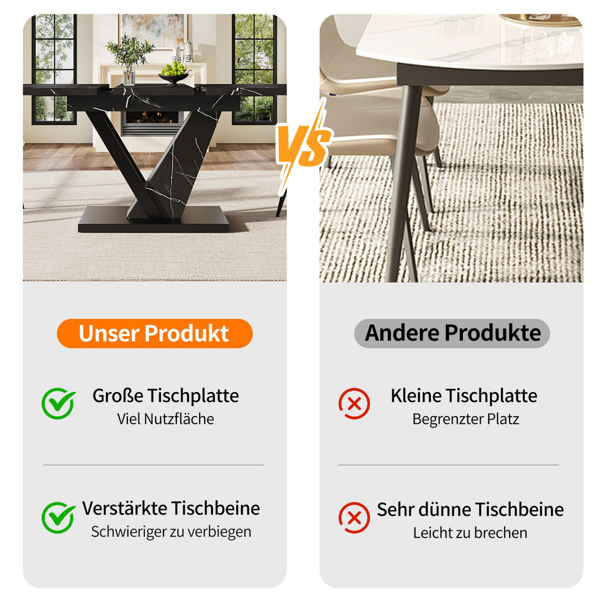 ESSTISCH ausziehbar, MDF mit Marmormuster & Metallgestell, 120-160/75/75,5 cm, Schwarz - Schwarz, Holzwerkstoff (120/75/75.5cm) - Redom