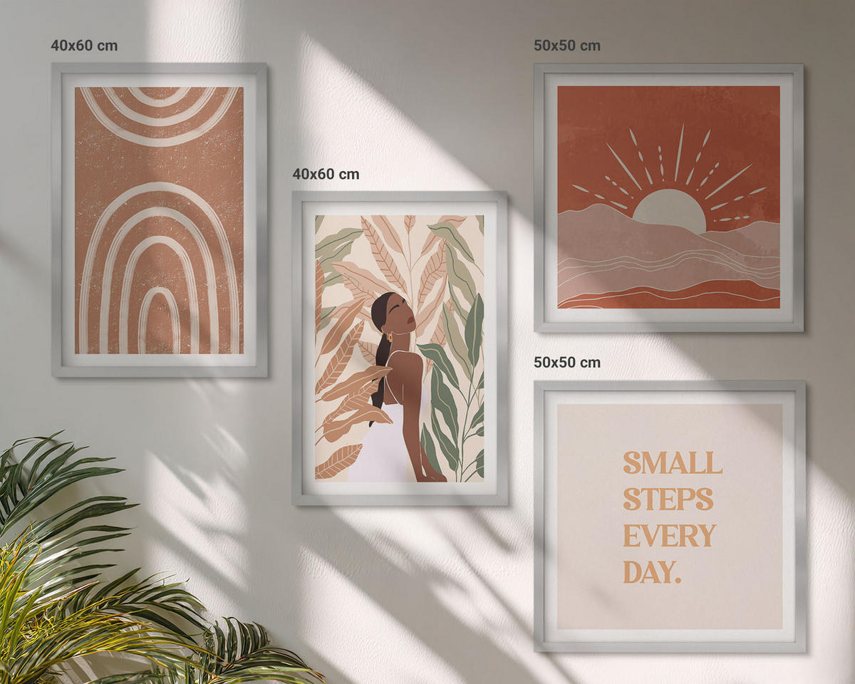 BILDER SET 4er Set - 50x50 cm & 40x60 cm Silberner Rahmen - abstrakte Formen im Boho-Stil - Silberfarben, Kunststoff (50/50cm) - TULUP