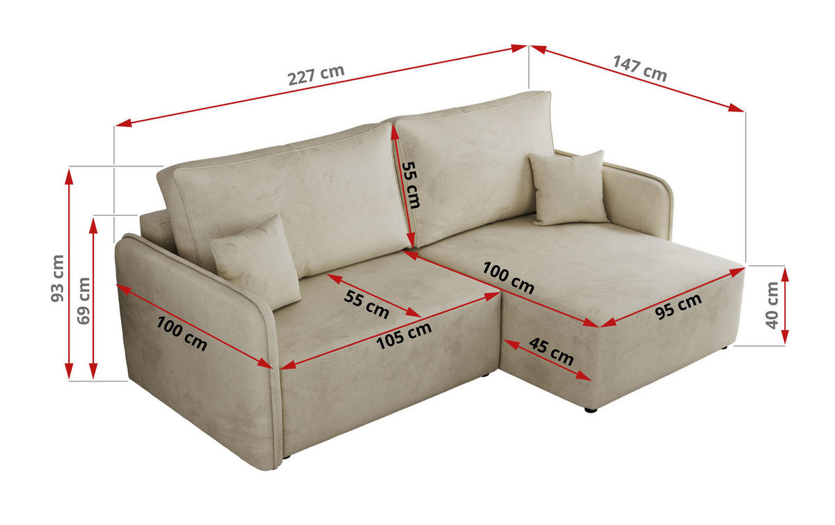 ECKSCHLAFSOFA MESTO L Beige Velvet - links - Beige/Schwarz, Kunststoff/Textil (227/147cm) - MKS