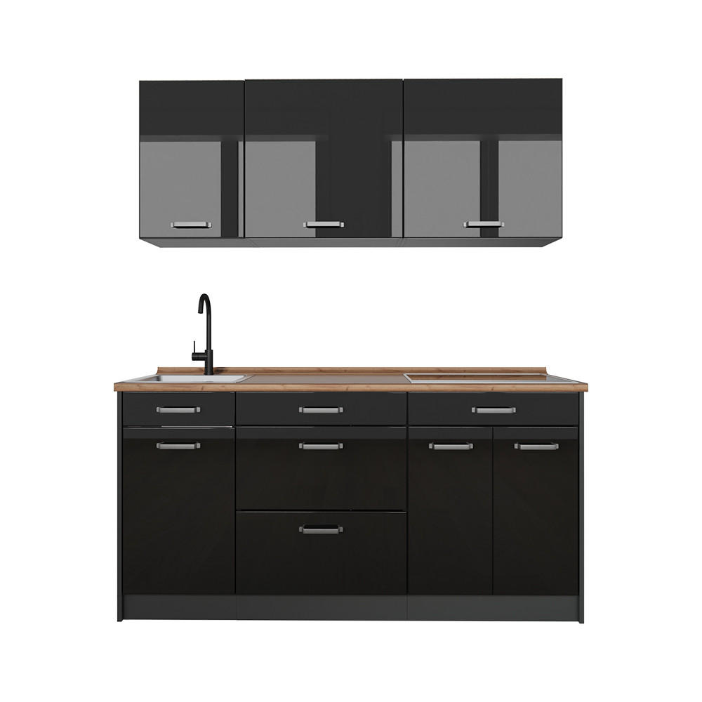 Vicco Singleküche Schwarz Hochglanz, Anthrazit 160x81.6x60 cm