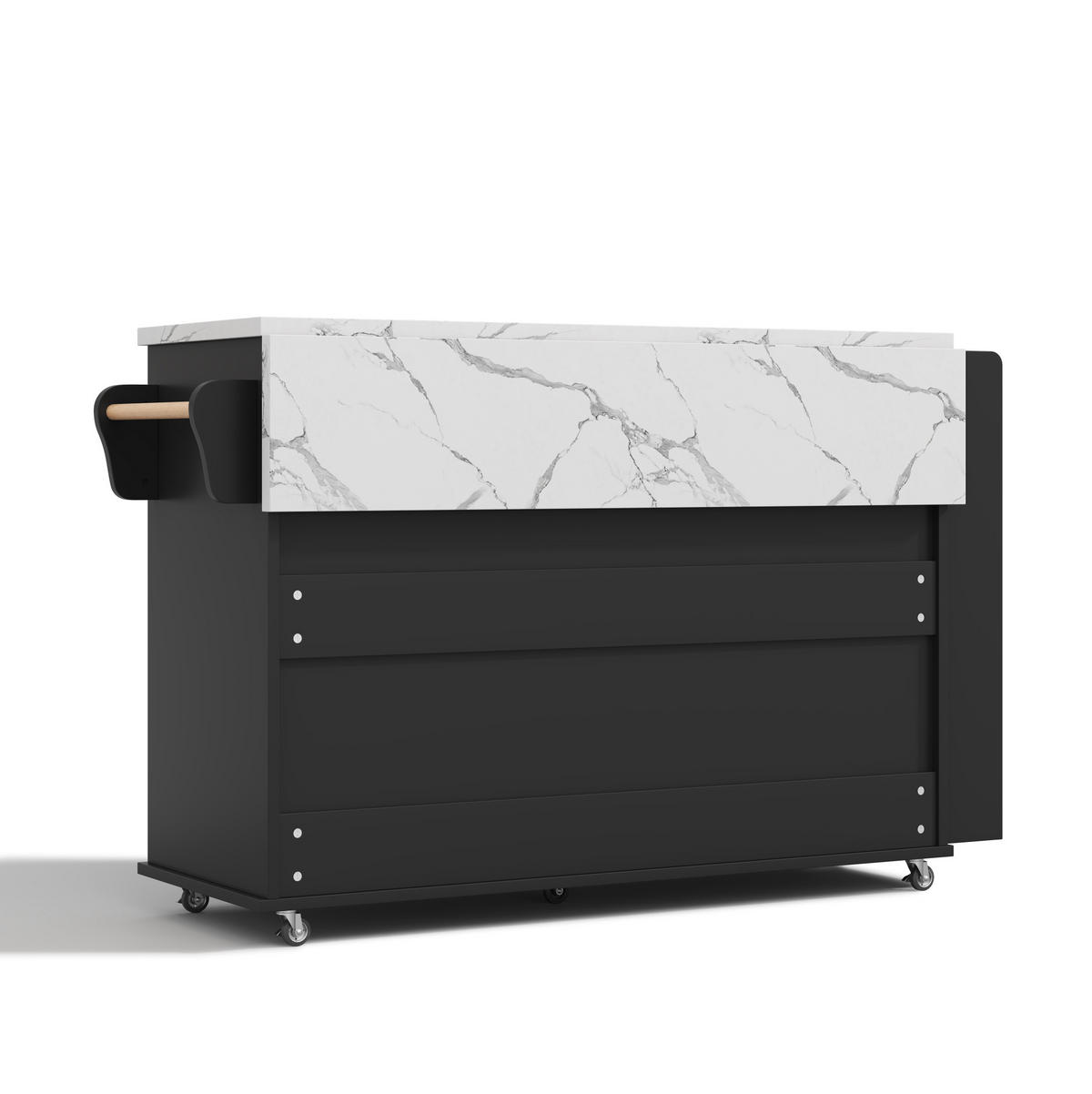 KÜCHENINSEL 120/45-70/90 cm mit klappbarer Arbeitsplatte, Glastüren, Schubladen und Rollen aus MDF, Schwarz - Schwarz, Holzwerkstoff (138/90/70cm) - Redom