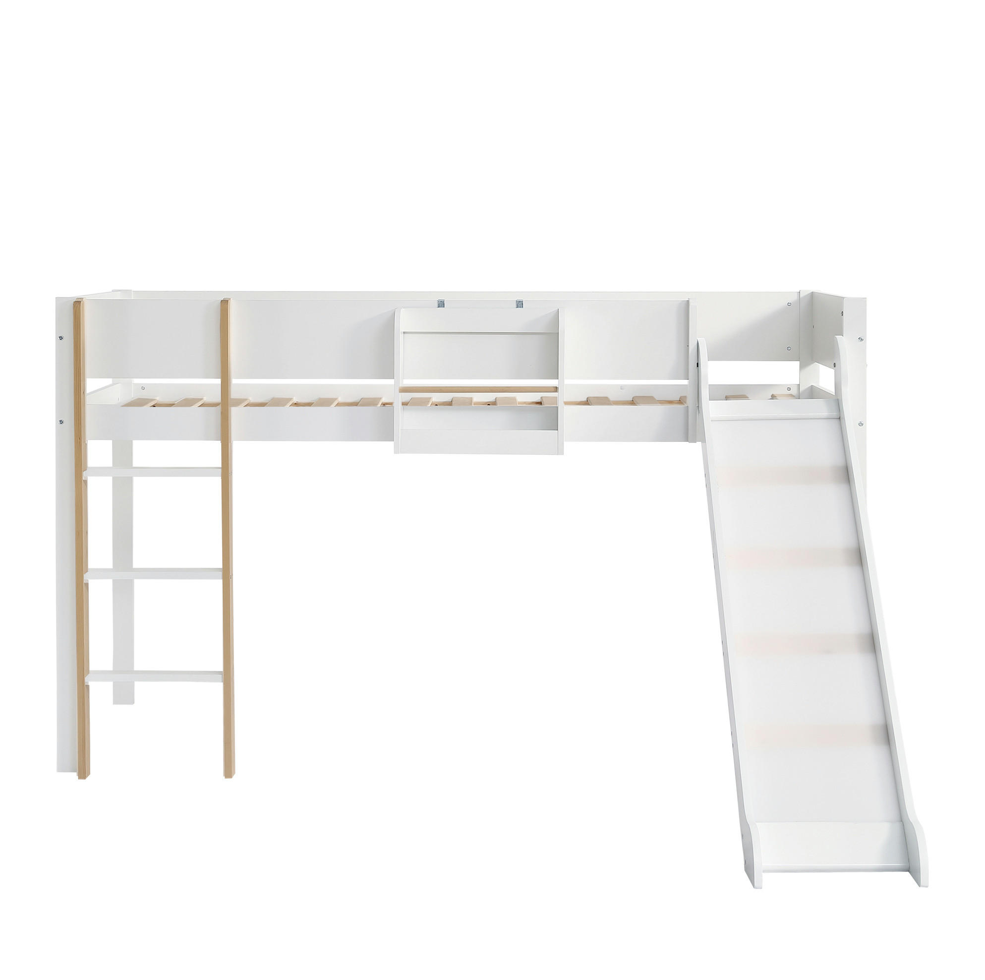 HOCHBETT aus Kiefer und MDF 90x200 cm Weiß/Natur mit Rutsche, gerader Leiter und abnehmbarem Regal - Weiß, Holzwerkstoff (90/200cm) - Modfu