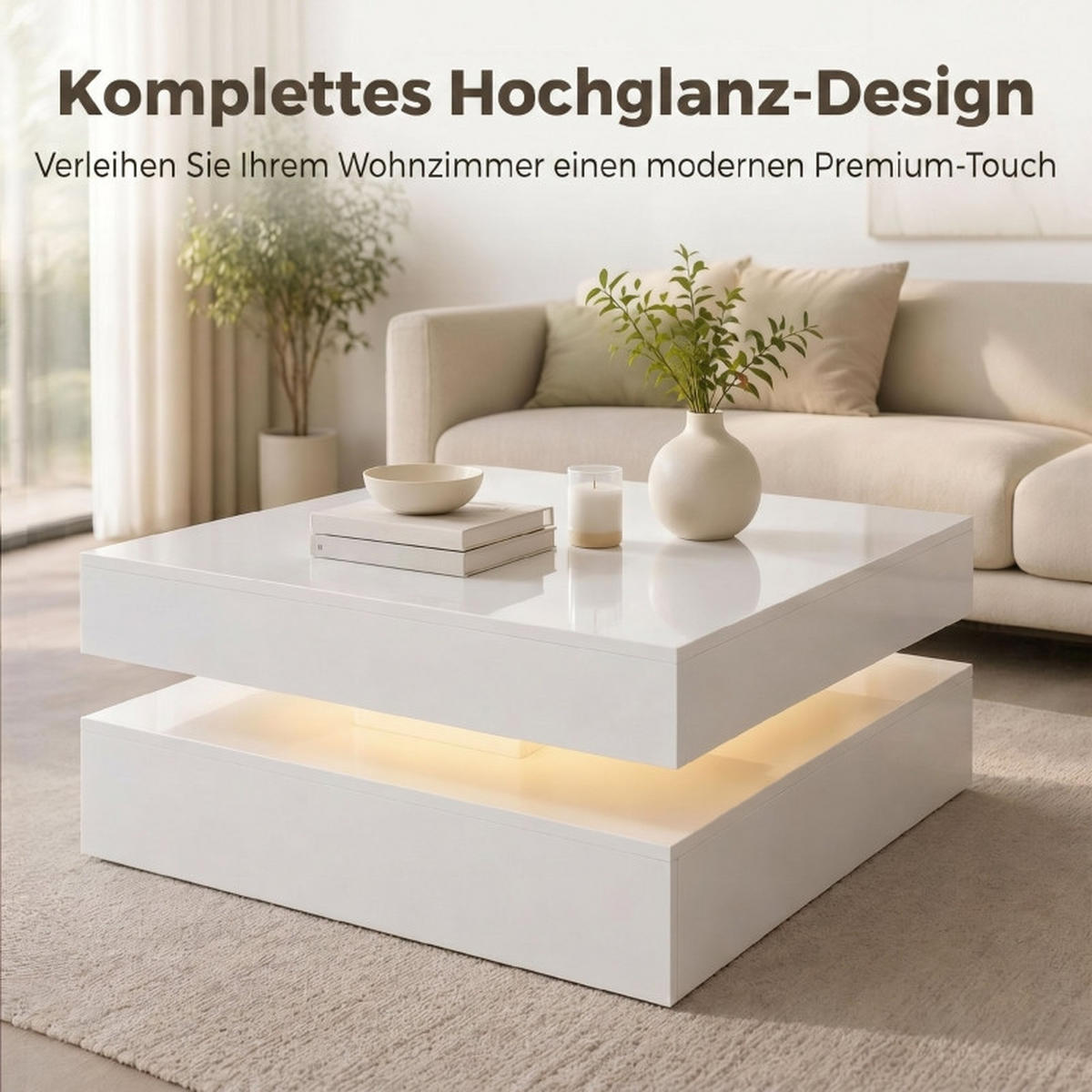 COUCHTISCH DE-37205 2-stufig mit LED und offener Ablage Weiß - Weiß, Holzwerkstoff (78/78/40cm) - ComfortXL