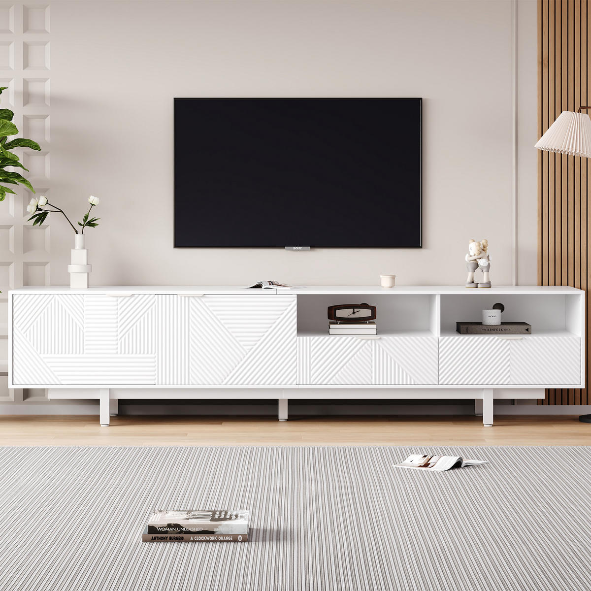 TV-SCHRANK 200/40/51 cm weiß Spanplatte mit geometrischem Linienstil für bis zu 90 Zoll Fernseher - Weiß, Holzwerkstoff (200/51/41cm) - OKWISH
