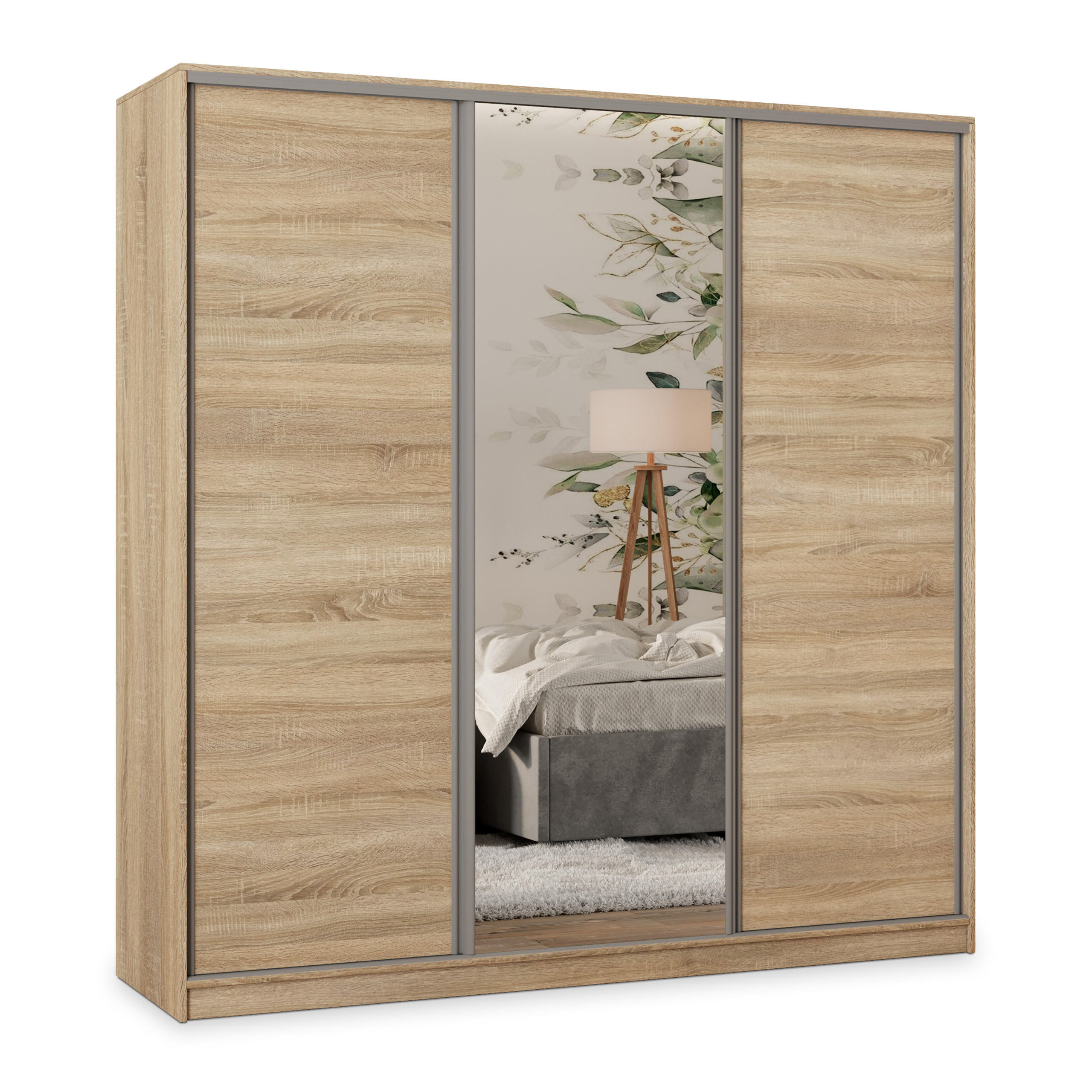 SCHWEBETÜRENSCHRANK TARI 180/205/58 cm 3-türig mit Spiegel und Schubladen Sonoma Eiche - Silberfarben/Sonoma Eiche, Holzwerkstoff (180/205/58cm) - MASSENO