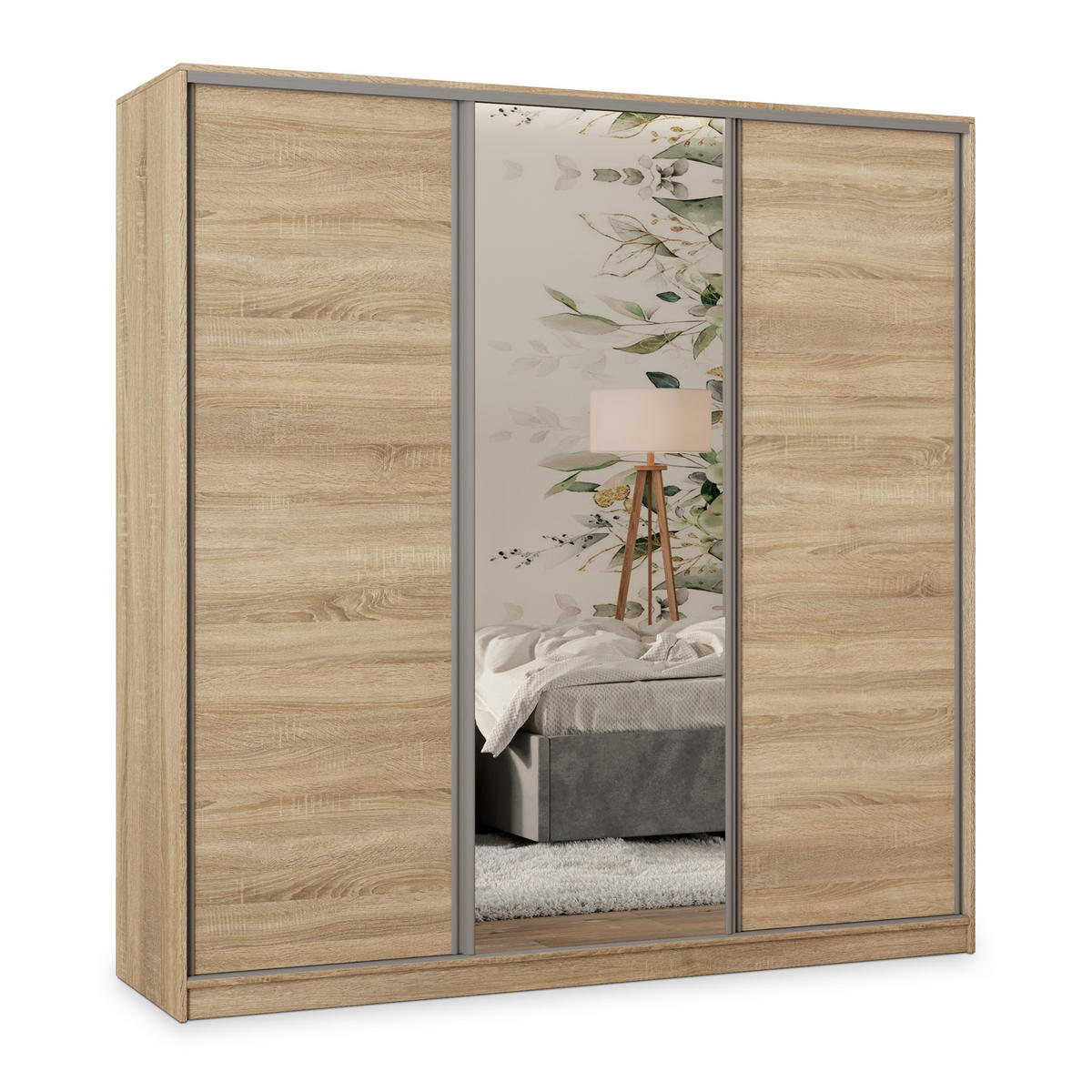 SCHWEBETÜRENSCHRANK TARI 180/205/58 cm 3-türig mit Spiegel und Schubladen Sonoma Eiche - Silberfarben/Sonoma Eiche, Holzwerkstoff (180/205/58cm) - MASSENO