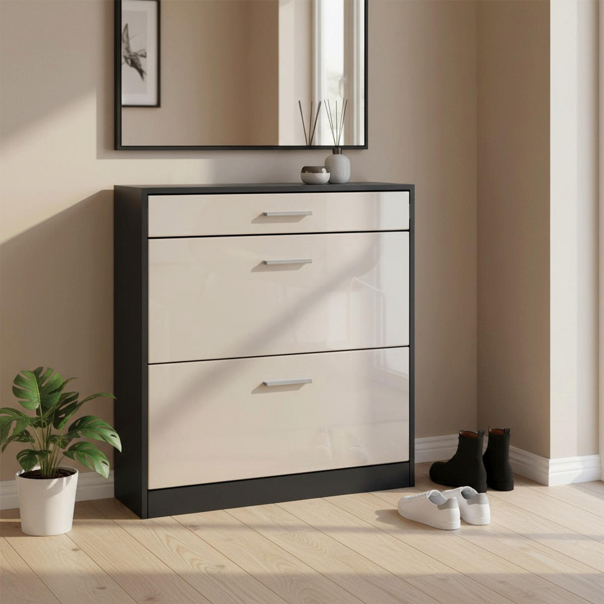 SCHUHSCHRANK Roma Schmal mit 2 Klappen und 1 Schublade, Platzsparender Schuhkipper, Schwarz/Sandgrau Hochglanz (89 x 95,5 x 23 cm) - Beige, Holzwerkstoff (89/95.5/23cm) - InnoFurn