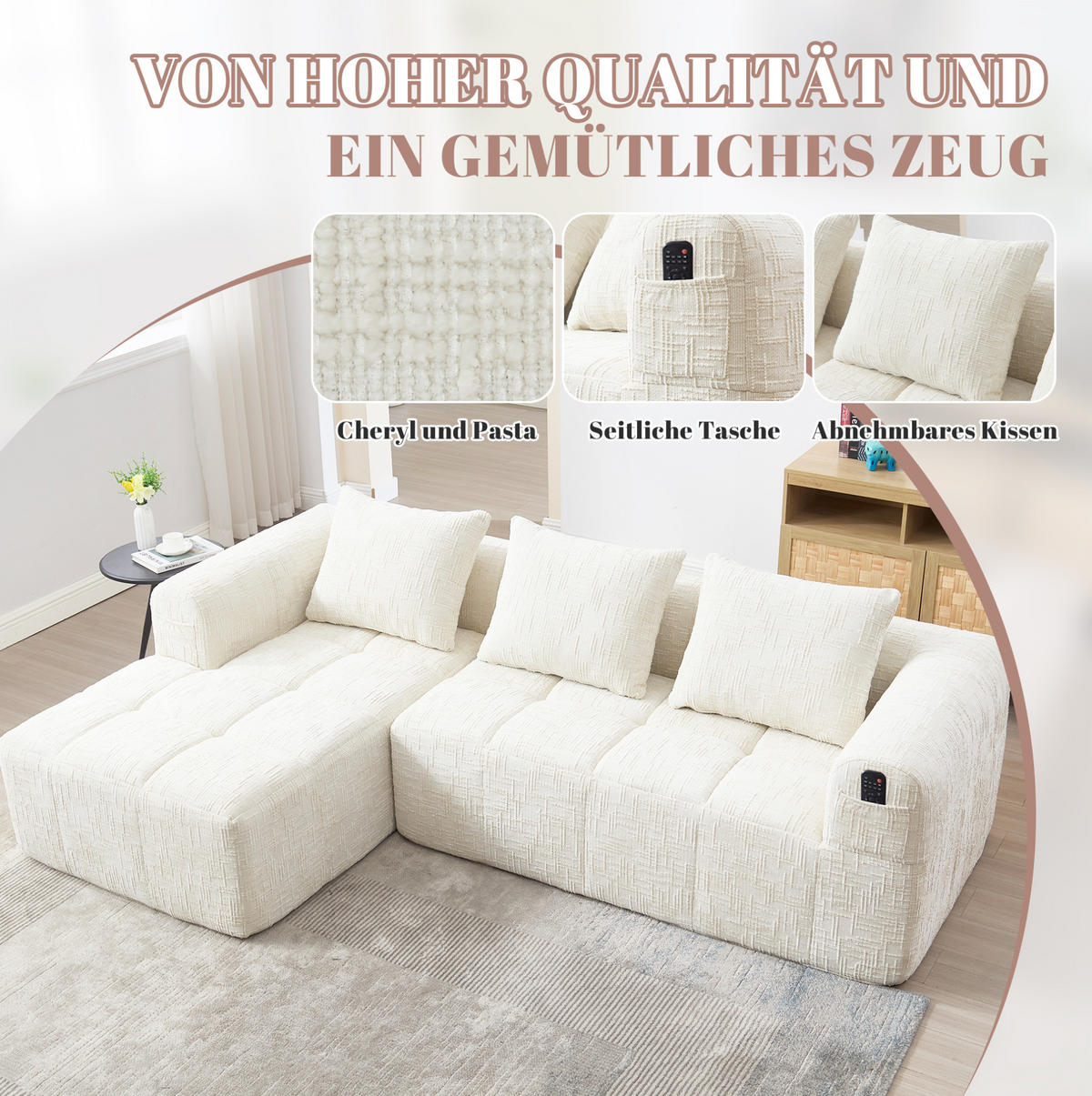 ECKSOFA 250/158/60 cm Beige aus Chenille mit Chaiselongue - Weiß, Textil (37/38.5cm) - OKMYHOME
