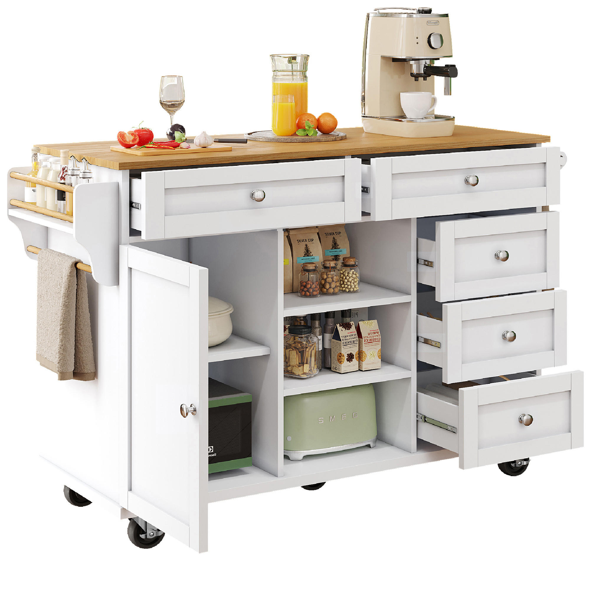 KÜCHENINSEL 134/46/92 cm weiß mit Rollen und viel Stauraum - Weiß, Holzwerkstoff (134/92/46cm) - OKWISH