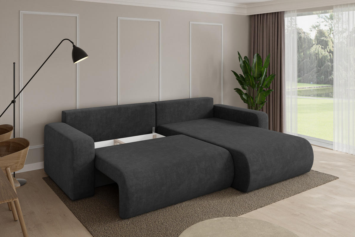 ROHOVÁ SEDAČKA s funkcí spaní, otoman vpravo BERY-L 276x193x88 tmavě šedá velur - černá/antracitová, kompozitní dřevo/textil (276/193cm) - ALTDECOR