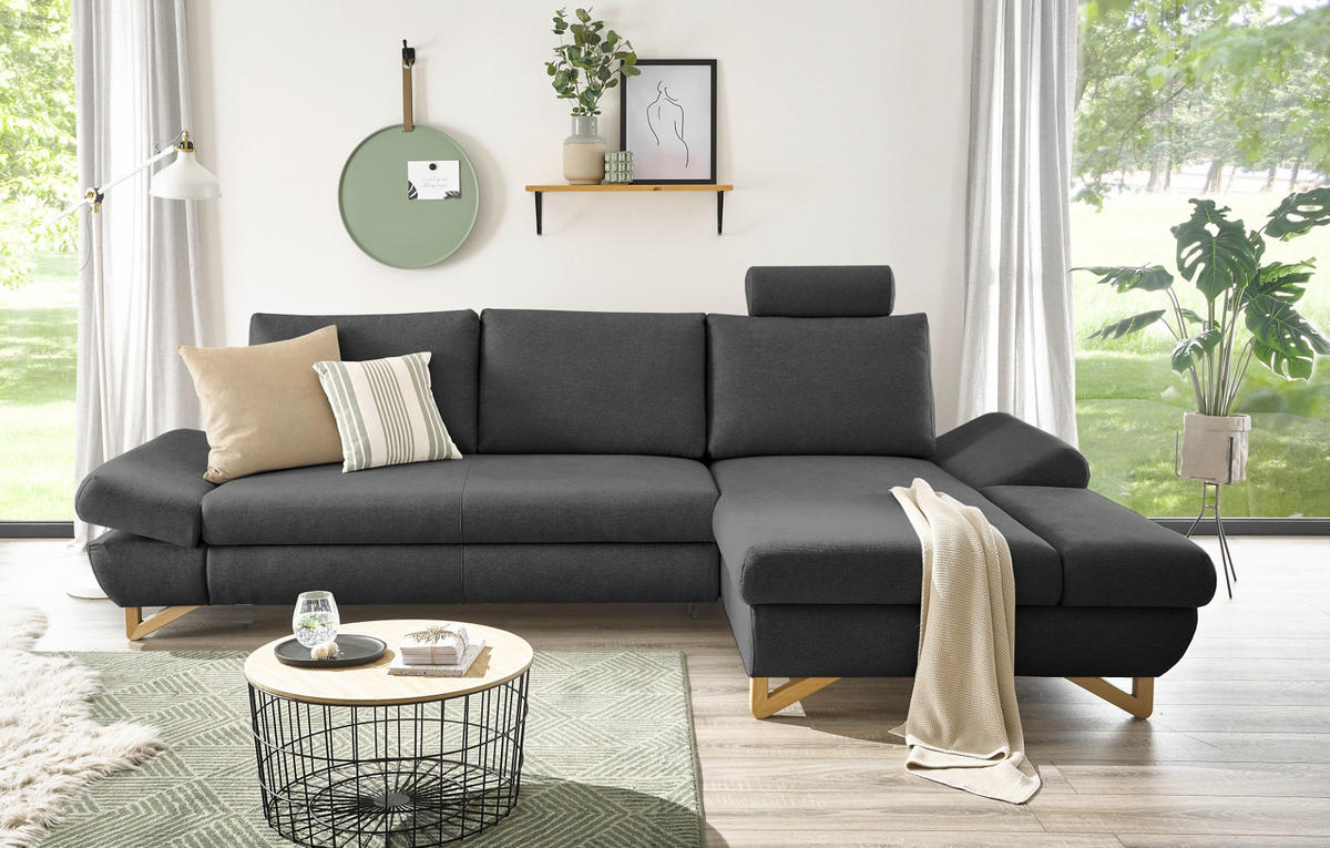 ECKSOFA grau Velours, Wohnzimmer Sofa - Grau, Holz/Textil (284/166cm) - Furn.Design