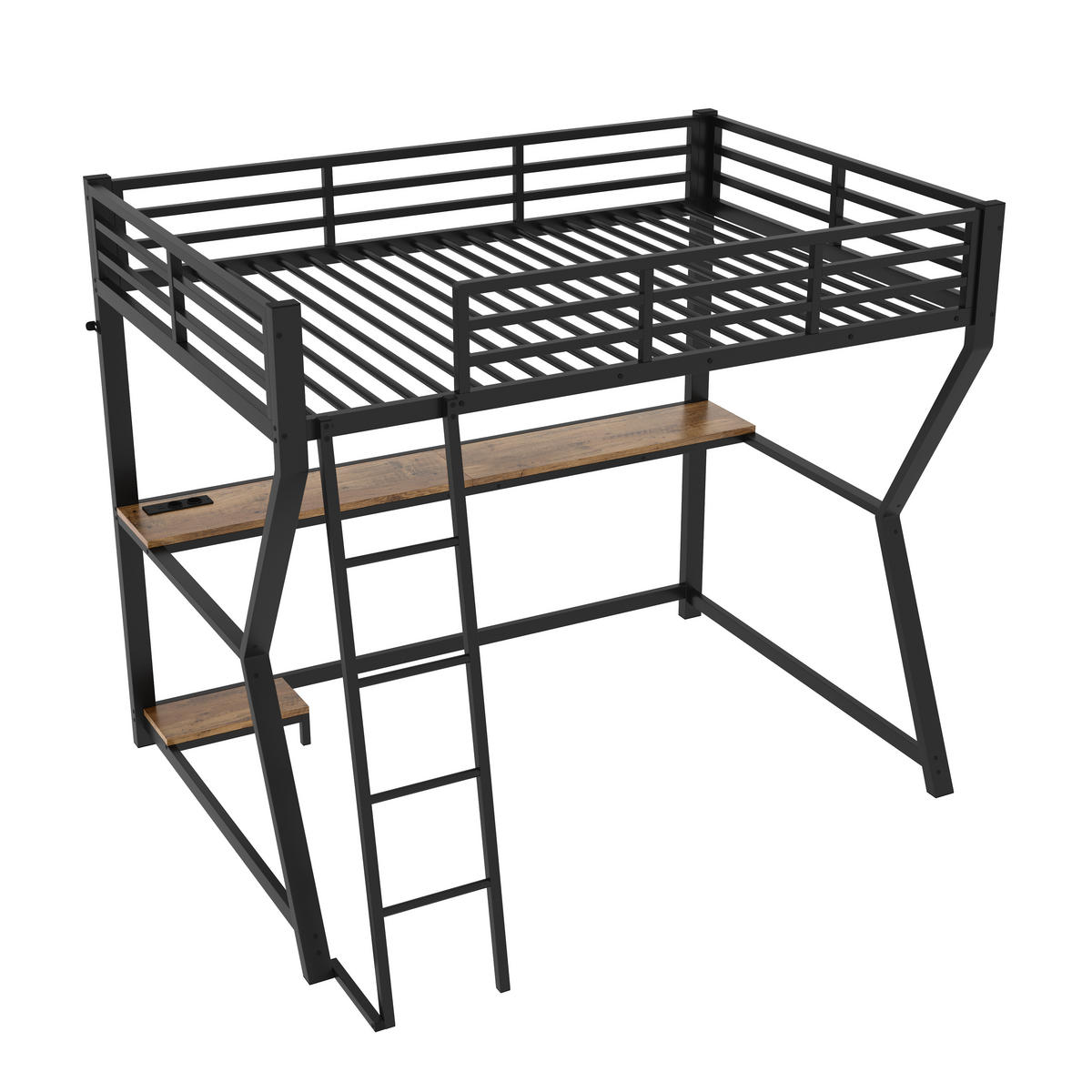 HOCHBETT 90/200 cm Schwarz mit LED-Beleuchtung Schreibtisch und Steckdose mit USB - Schwarz, Metall (90/200cm) - OKWISH