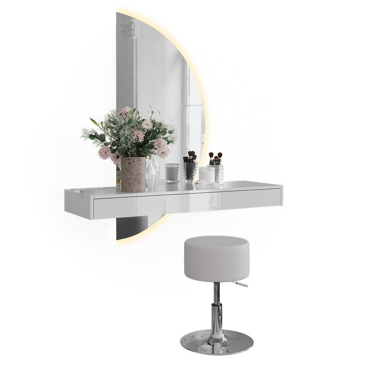 SCHMINKTISCH Sherry, Weiß Hochglanz, 120 cm mit LED-Spiegel und Hocker - Weiß Hochglanz, Holzwerkstoff (120/12/40.1cm) - Vicco