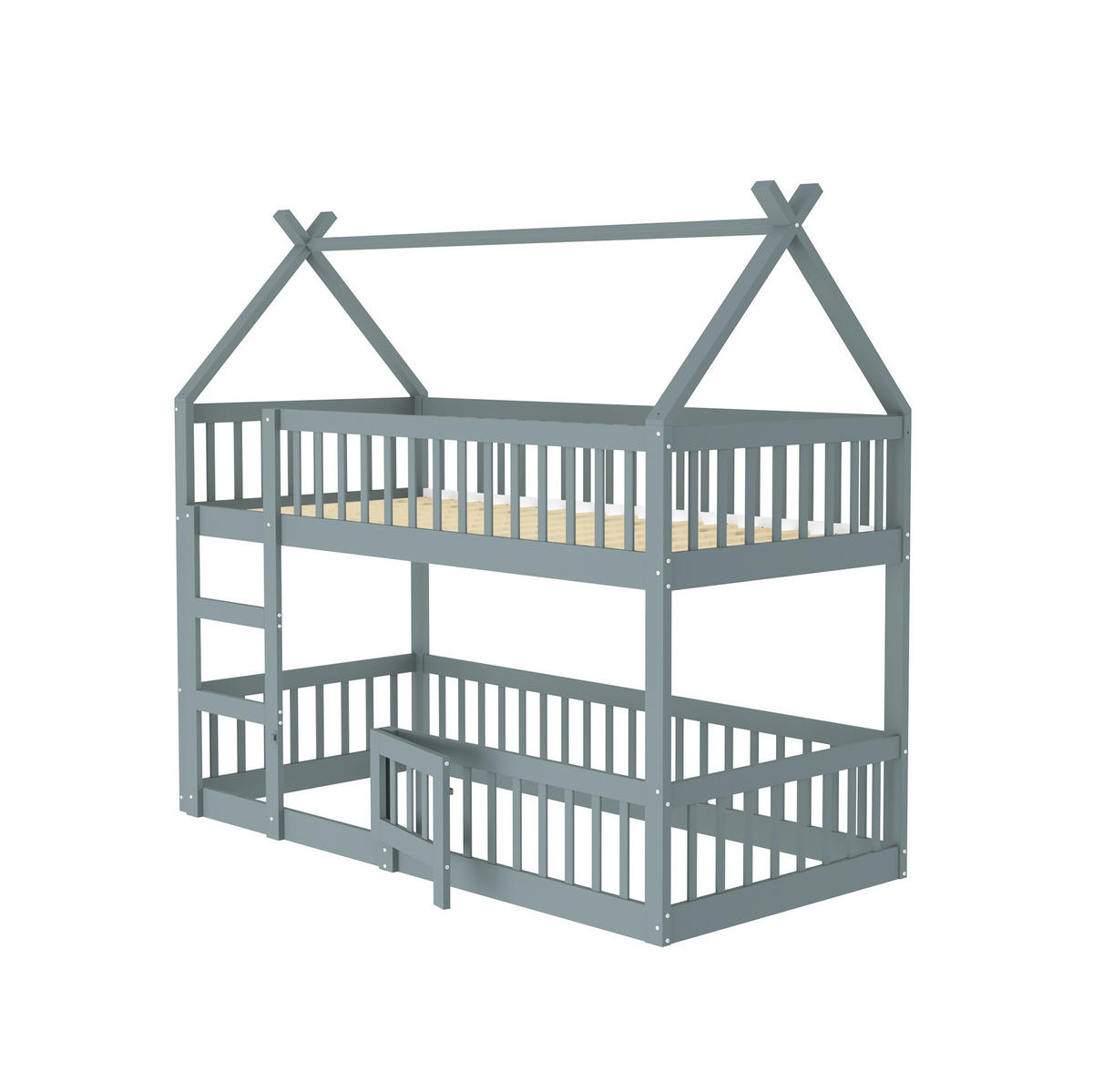 HAUSBETT 90/200 cm aus Holz mit Treppe und Rausfallschutz in Grau - Grau, Holz (90/200cm) - BEAOK