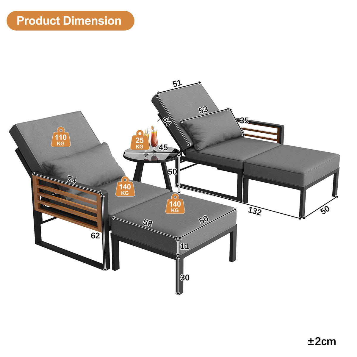 DOPPELLIEGE 2-4 Personen Mit Verstellbarer Rückenlehne Inkl. Kissen - Grau, Metall - FLIEKS