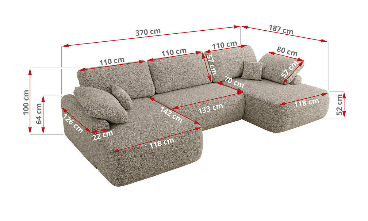 WOHNLANDSCHAFT CUBO U Beige Struktur - Beige/Schwarz, Kunststoff/Textil (370/100/187cm) - MKS