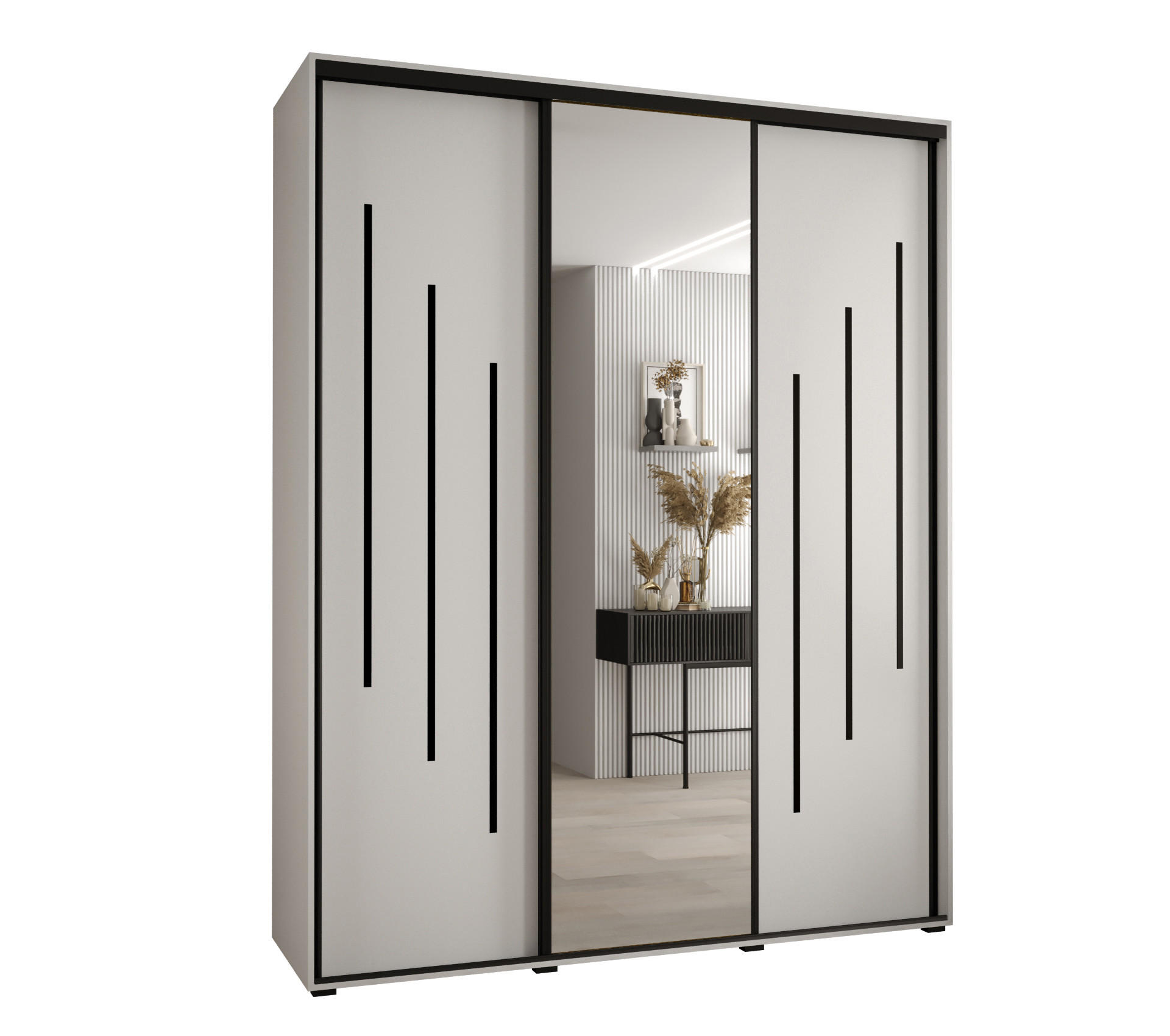 Abiks Möbel Schwebetürenschrank Weiß, Weiß, Schwarz 200x235x45 cm