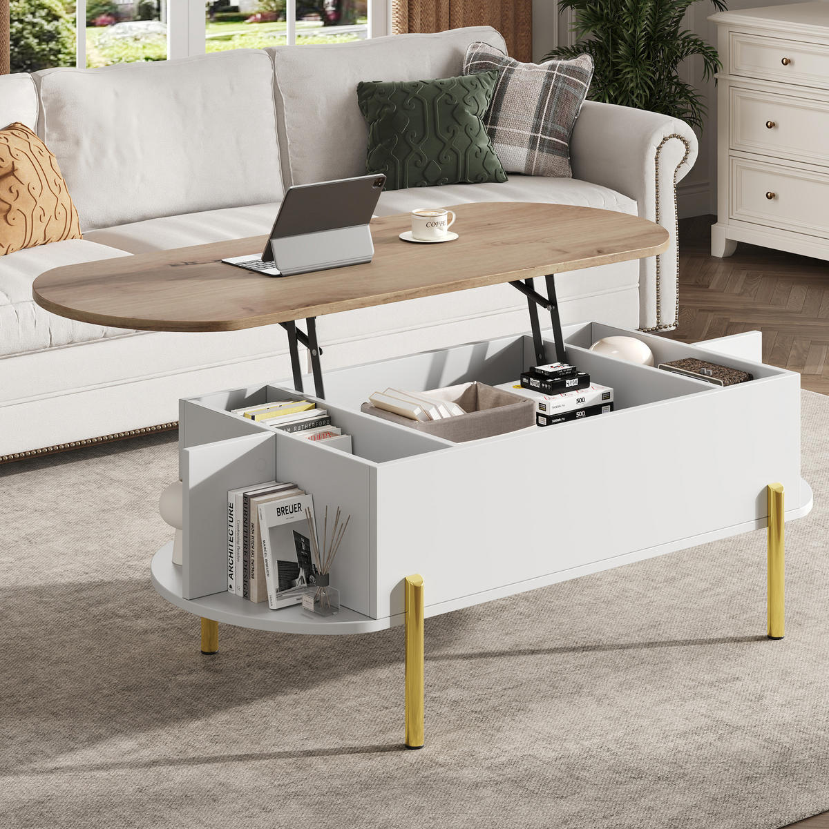 COUCHTISCH 120/50/43 cm mit höhenverstellbarer Platte und Stauraum - Weiß, Holzwerkstoff (120/50/43cm) - Flora Grace