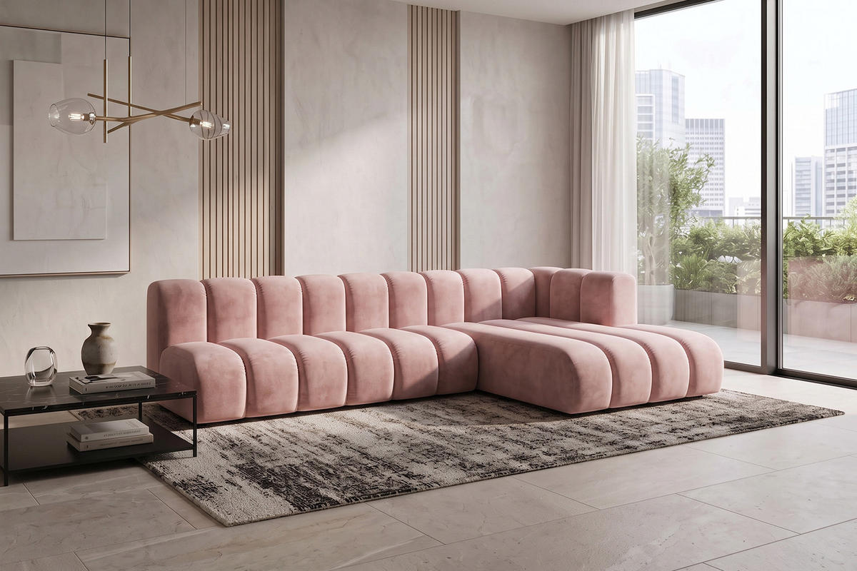 ECKSOFA Modulares In L-Form, Velvet-Stoff Riviera, Hellrosa, Rechts, GRAND 295 cm - Hellrosa, Holz (295/179cm) - Kaiser Möbel