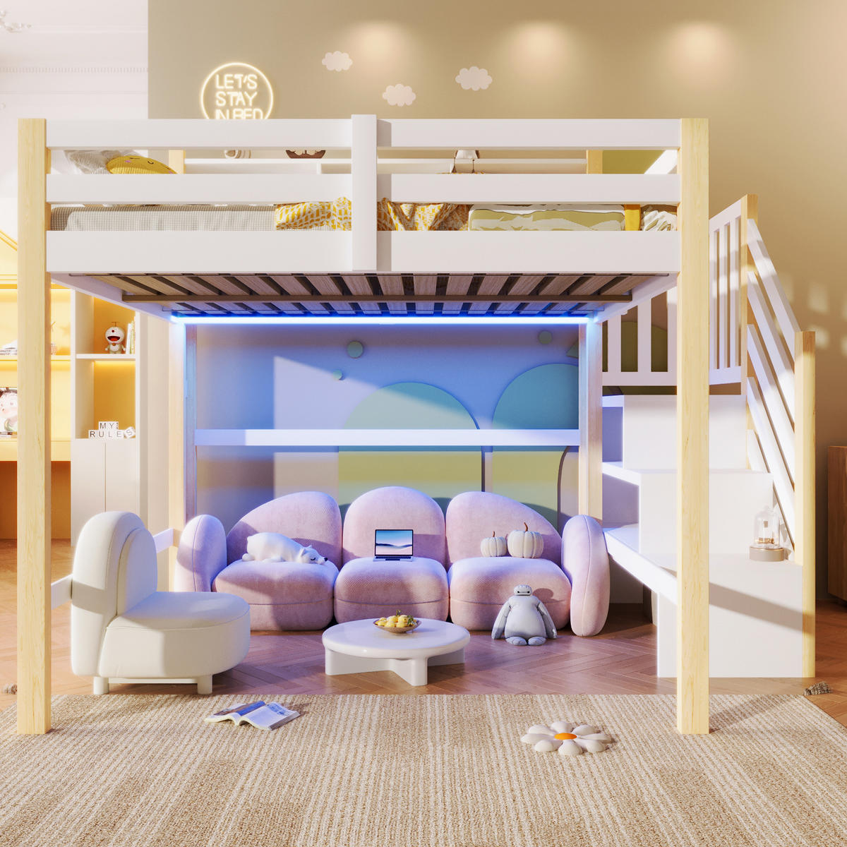 HOCHBETT 140/200 cm in Weiß & Natur mit LED, Stauraum und Ablageleiter - Weiß/Naturfarben, Holz/Holzwerkstoff (140/200cm) - CHICFURN