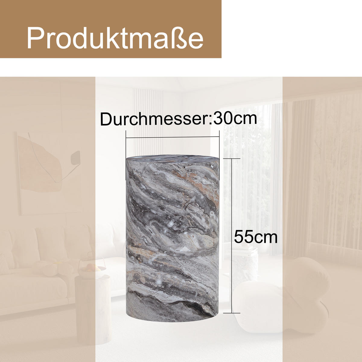 COUCHTISCH rund 30/30/55 cm Grau in Marmoroptik aus MDF wasserabweisend - Grau, Holzwerkstoff (30/30/55cm) - OKWISH