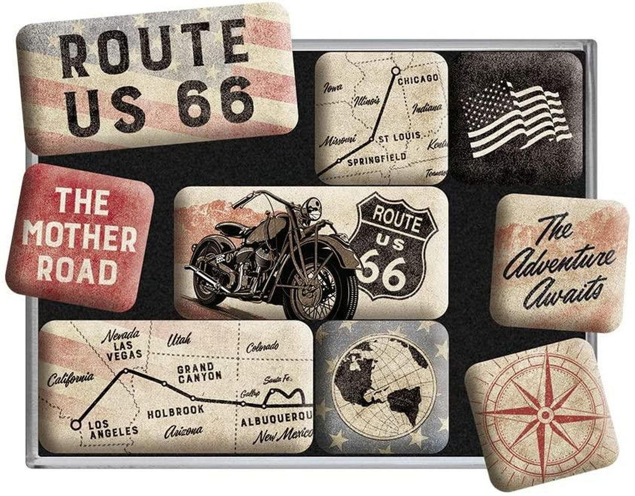 MAGNETSET 9-teilig US Highways Route 66 Bike Map - Multicolor, Metall (9/7/2cm) - Nostalgic-Art