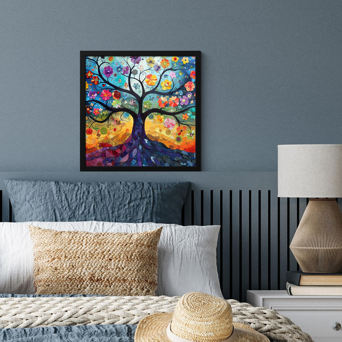 POSTER MIT RAHMEN Kunst - Baum des Lebens - Blumen - Hippie 40x40 cm - Dunkelblau, Papier (40/40cm) - MuchoWow