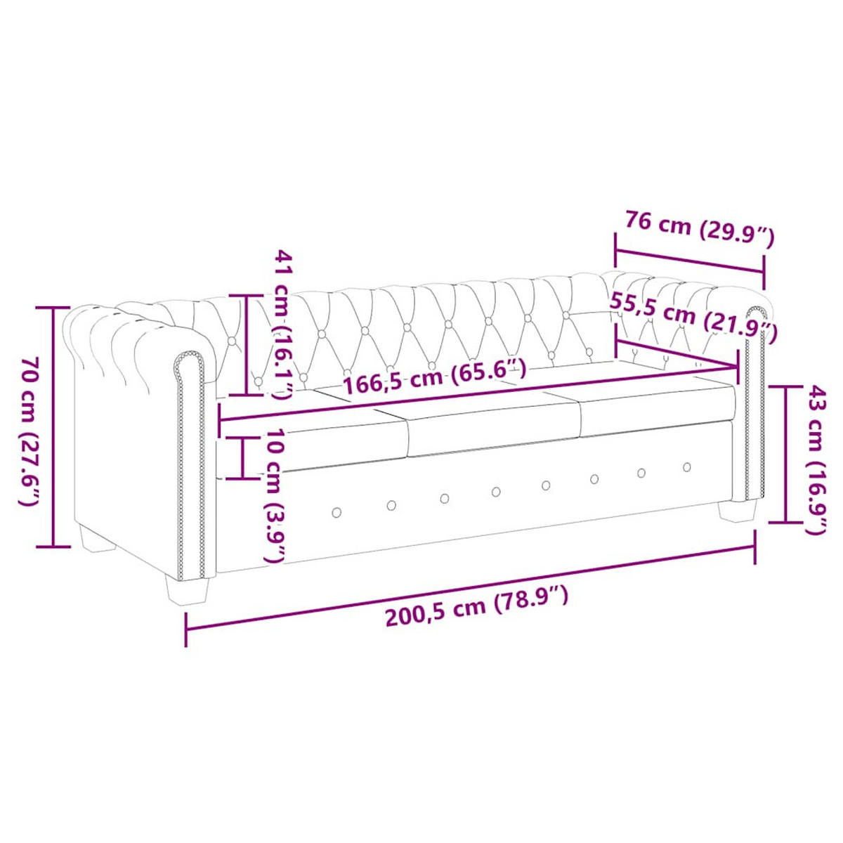3-SITZER-SOFA mit Nietenverzierung, 200,5/76/70 cm, aus Kunstleder, Schwarz - Schwarz, Leder (200.5/70/76cm) - vidaXL