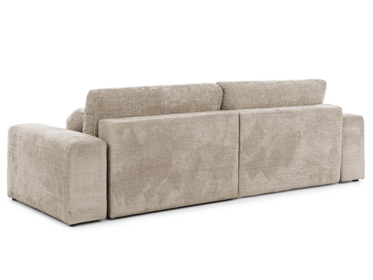 ECKSOFA Puffy mit Schlaffunktion und Bettkasten - besonders weich und puffig aus Dunkelbeige Chenille-Stoff - Ottomane rechts - Beige/Schwarz, Holz/Kunststoff (266/138cm) - S-Style Möbel