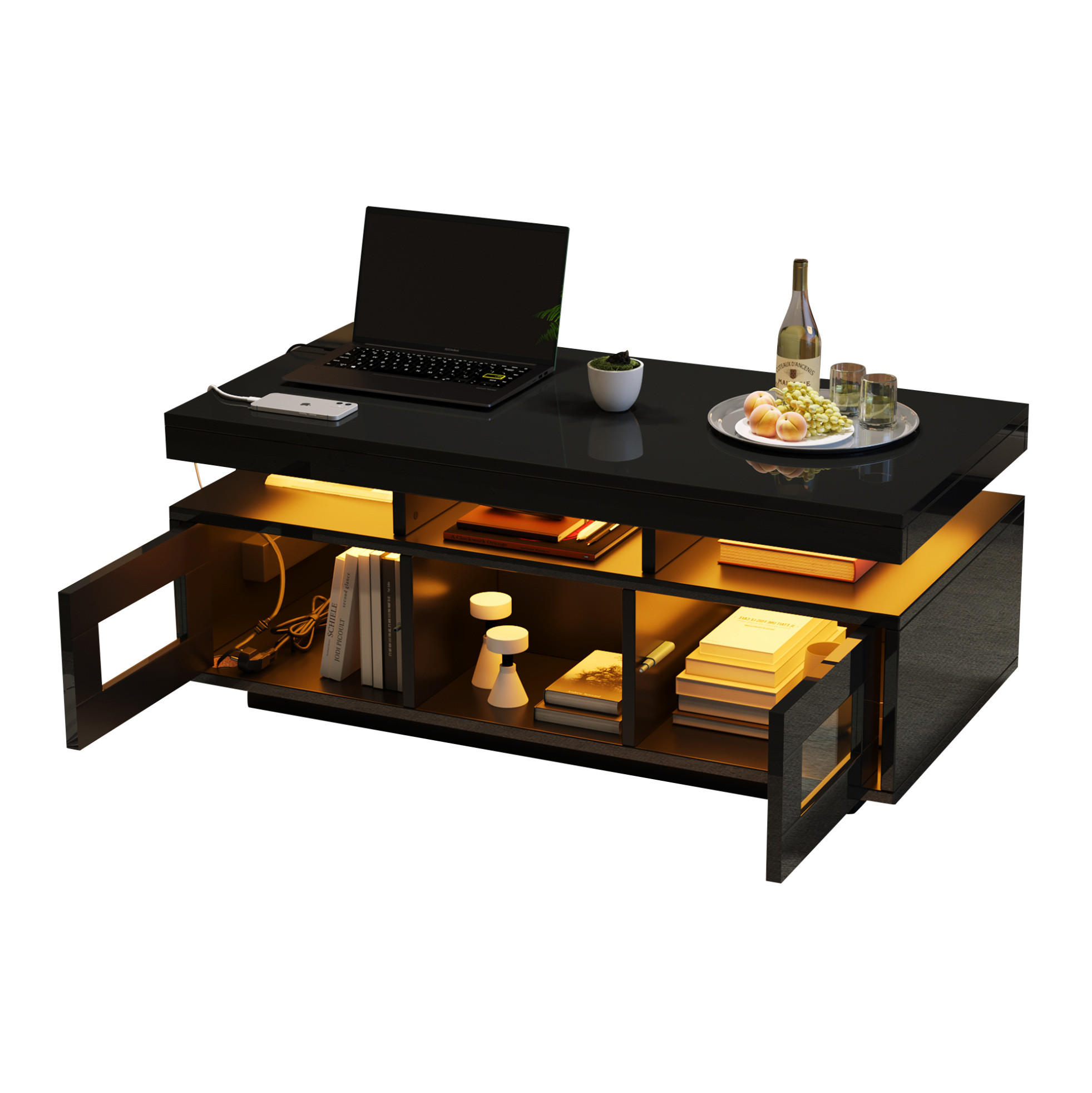 COUCHTISCH mit LED und Steckdose 100 x 50 x 43 cm Schwarz Hochglanz - Schwarz, Holzwerkstoff (100/50/43cm) - Meubliv