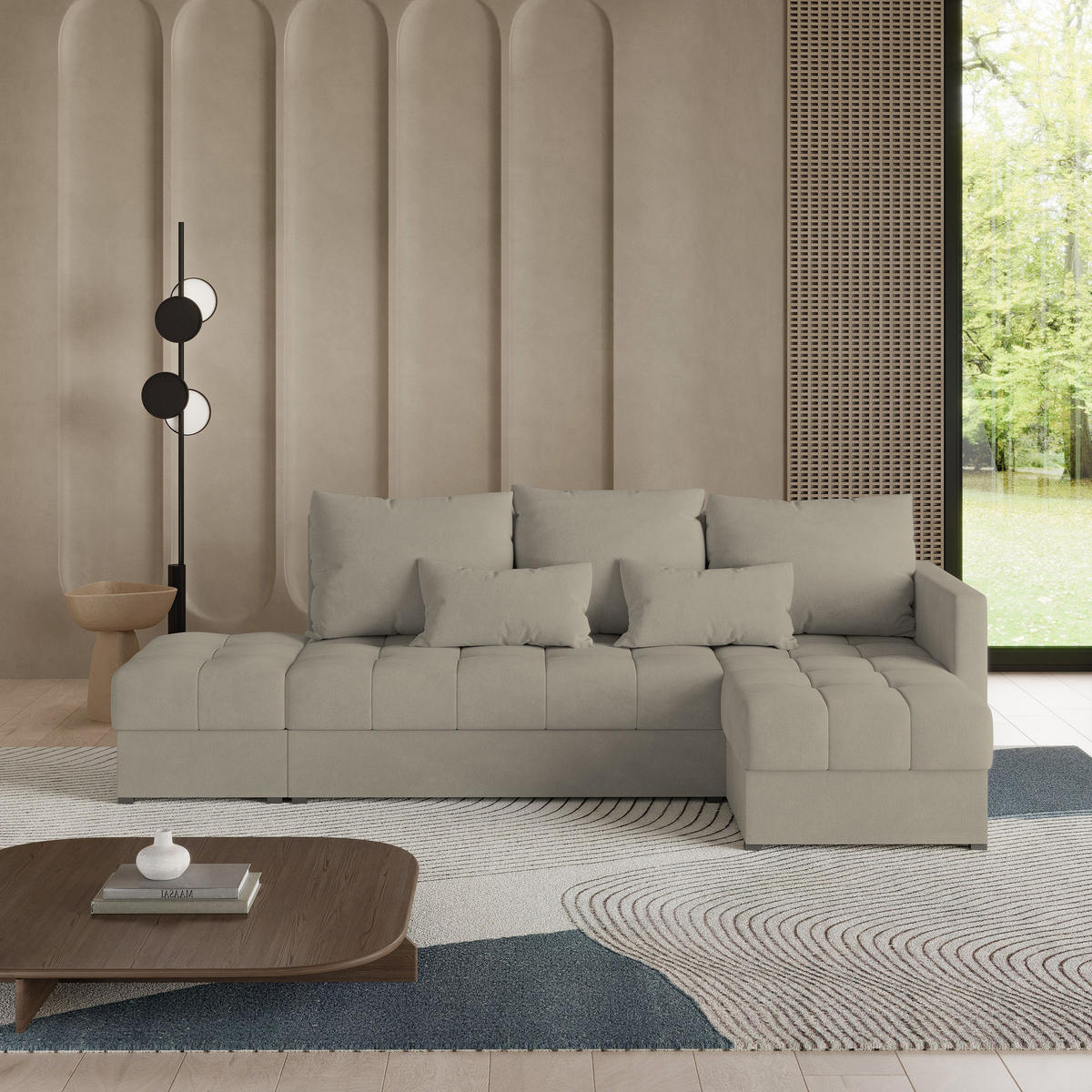 ECKSOFA LUMARI R-S Beige Plüsch-Stoff mit Schlaffunktion - Beige, Holz (262/143cm) - MASSENO