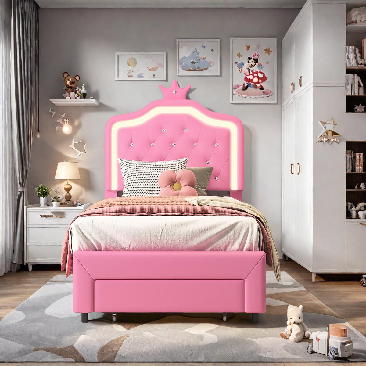 KINDERBETT 90x200 Rosa Krone LED Kinderzimmer - Pink, Holzwerkstoff (90/200cm) - SHOPENTRA